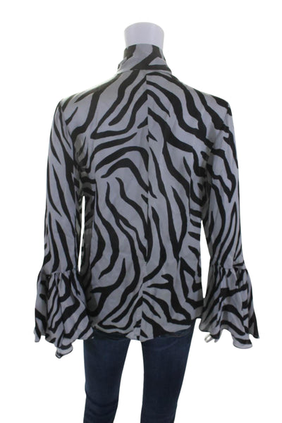 L'Academie Womens Zebra Print Bell Sleeve V Neck Tie Collar Blouse Gray Size XS