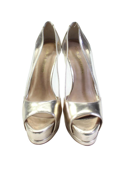 Pour la Victoire Womens Chrome Leather Platform Peep Toe Pumps Gold Size 38 8