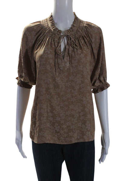 Current Air Womens Floral V-Neck Tied Ruffled Short Sleeve Blouse Brown Size XS