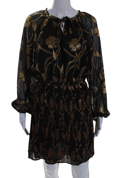 Current Air Womens Metallic Floral Print V-Neck Tied Pleated Dress Black Size XS