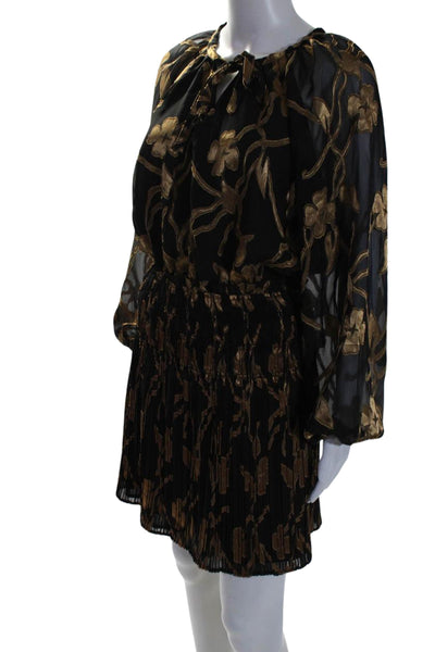 Current Air Womens Metallic Floral Print V-Neck Tied Pleated Dress Black Size XS