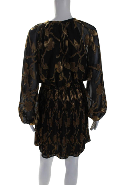 Current Air Womens Metallic Floral Print V-Neck Tied Pleated Dress Black Size XS