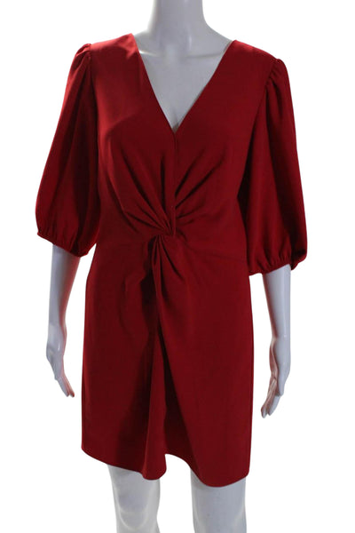 Amanda Uprichard Womens Knotted V Neck 3/4 Sleeve Sheath Dress Red Size Large