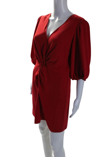 Amanda Uprichard Womens Knotted V Neck 3/4 Sleeve Sheath Dress Red Size Large