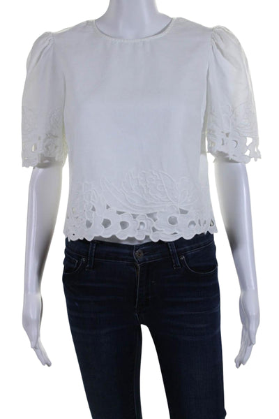 La Vie Womens Short Sleeve Crew Neck Embroidered Trim Top White Linen Size XS