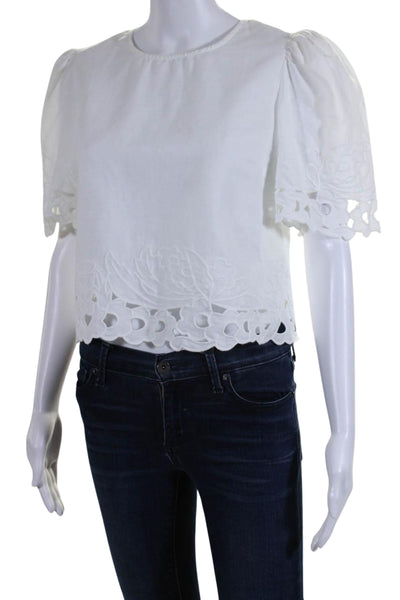 La Vie Womens Short Sleeve Crew Neck Embroidered Trim Top White Linen Size XS