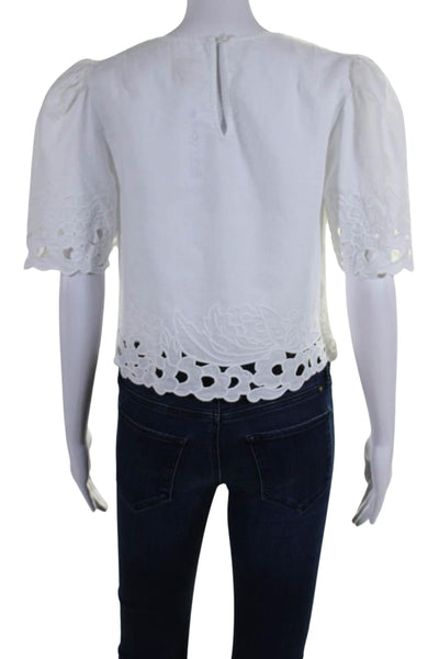 La Vie Womens Short Sleeve Crew Neck Embroidered Trim Top White Linen Size XS