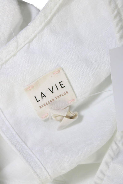 La Vie Womens Short Sleeve Crew Neck Embroidered Trim Top White Linen Size XS