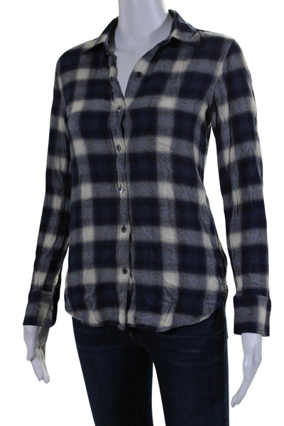 Theory Womens Plaid Print V-Neck Cuff Long Sleeve Buttoned-Up Top Blue Size P