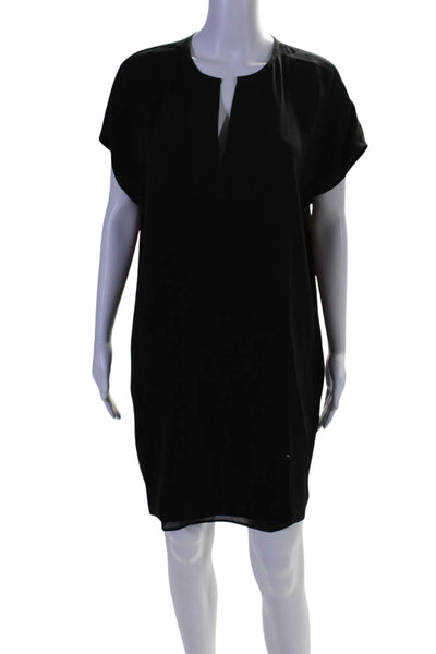 Vince Womens Pleated Short Sleeve V-Neck Unlined Mini Tunic Dress Black Size M