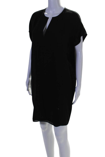 Vince Womens Pleated Short Sleeve V-Neck Unlined Mini Tunic Dress Black Size M