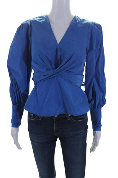 Veronica Beard Womens V-Neck Zip Long Sleeve Belted Peplum Blouse Blue Size 00