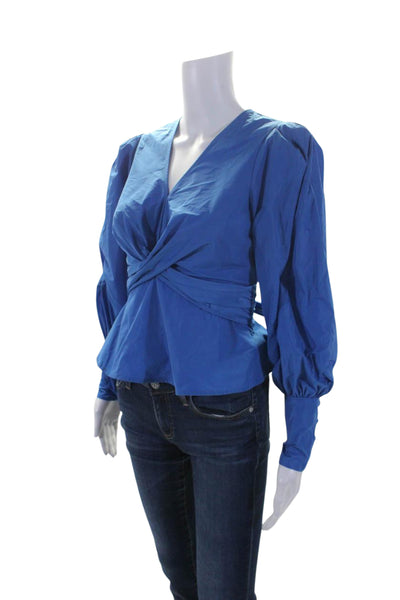 Veronica Beard Womens V-Neck Zip Long Sleeve Belted Peplum Blouse Blue Size 00