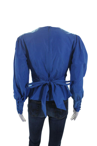 Veronica Beard Womens V-Neck Zip Long Sleeve Belted Peplum Blouse Blue Size 00