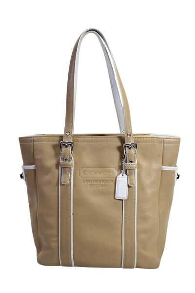 Coach Womens Turnlock Pocket Leather Top Handle Tote Handbag Beige