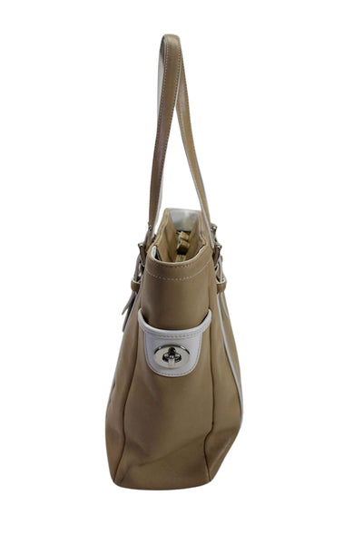 Coach Womens Turnlock Pocket Leather Top Handle Tote Handbag Beige