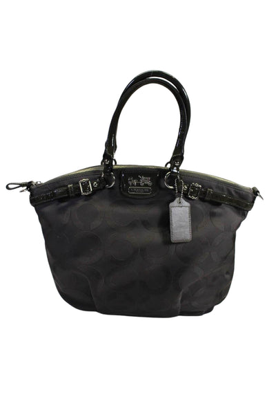 Coach Womens Patent Leather Trim Op Art Satin Satchel Handbag Taupe Olive Green