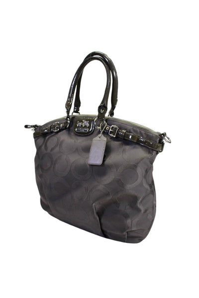 Coach Womens Patent Leather Trim Op Art Satin Satchel Handbag Taupe Olive Green