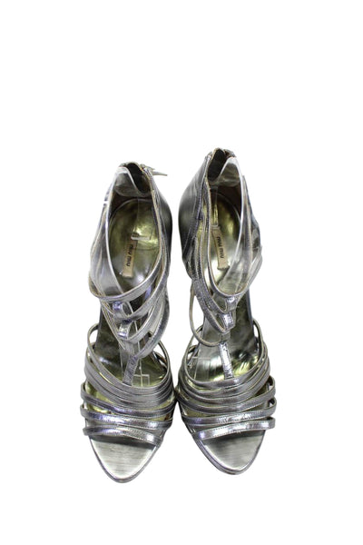 Miu Miu Womens Metallic Leather Strappy Open Toe Heels Silver Size 37.5 7.5