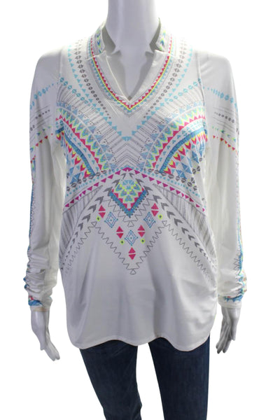 Lucky In Love Womens V Neck Geometric Print Drawstring Blouse White Size S