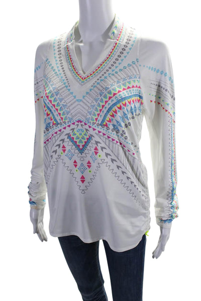 Lucky In Love Womens V Neck Geometric Print Drawstring Blouse White Size S