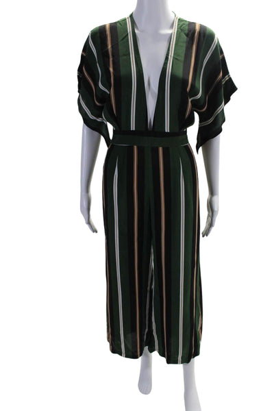 Faithfull Women's V-Neck Short Sleeves Wide Leg Jumpsuit Green Striped Size 6