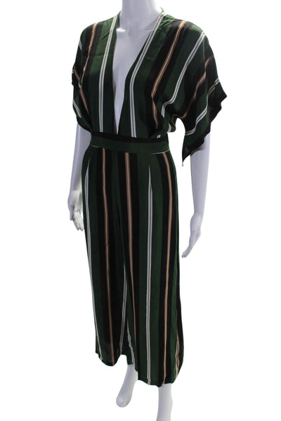 Faithfull Women's V-Neck Short Sleeves Wide Leg Jumpsuit Green Striped Size 6