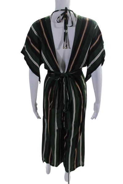 Faithfull Women's V-Neck Short Sleeves Wide Leg Jumpsuit Green Striped Size 6