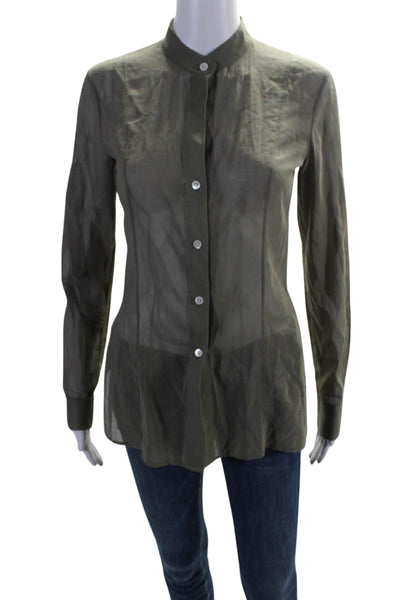 Theory Women's Round Neck Long Sleeves Button Down Shirt Olive Green Size P