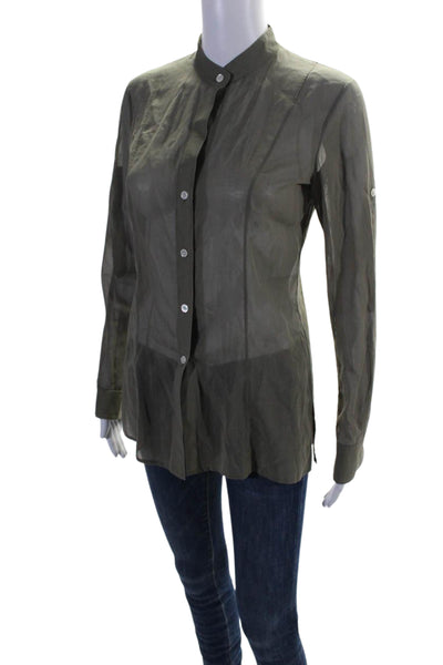 Theory Women's Round Neck Long Sleeves Button Down Shirt Olive Green Size P