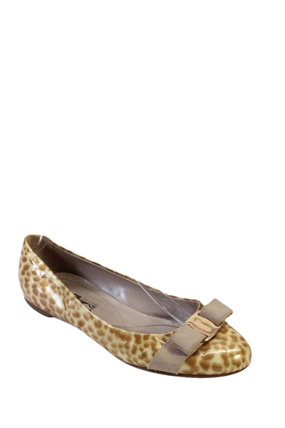 Salvatore Ferragamo Womens Patent Leather Animal Print Flats Beige Size 8.5US