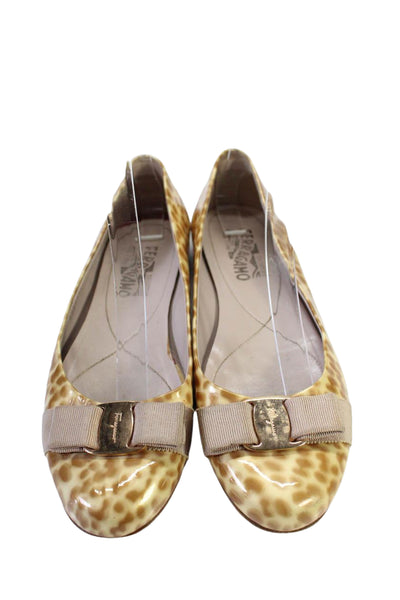 Salvatore Ferragamo Womens Patent Leather Animal Print Flats Beige Size 8.5US