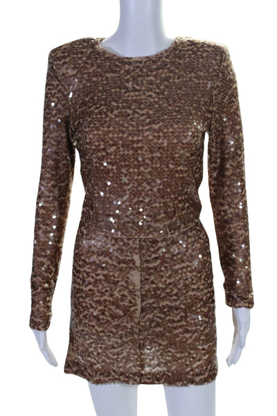 ASTR Womens Paillette Sequin Mini Skirt Jacket Set Brown Size Extra Small