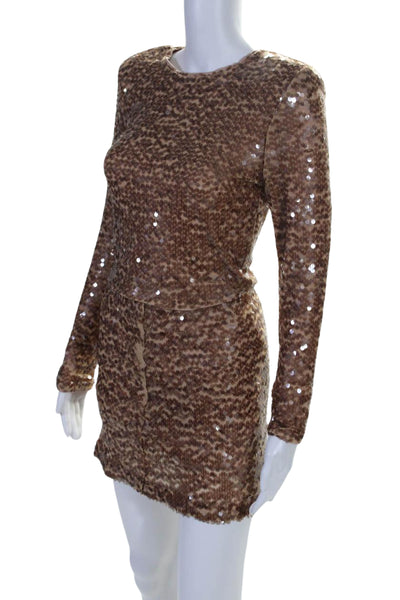 ASTR Womens Paillette Sequin Mini Skirt Jacket Set Brown Size Extra Small