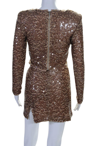 ASTR Womens Paillette Sequin Mini Skirt Jacket Set Brown Size Extra Small