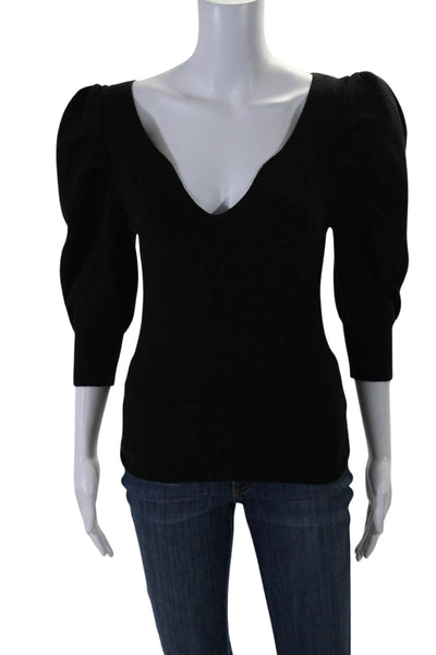 Ba&Sh Womens Cotton V Neck Puff Sleeve Ribbed Knit Blouse Black Size S