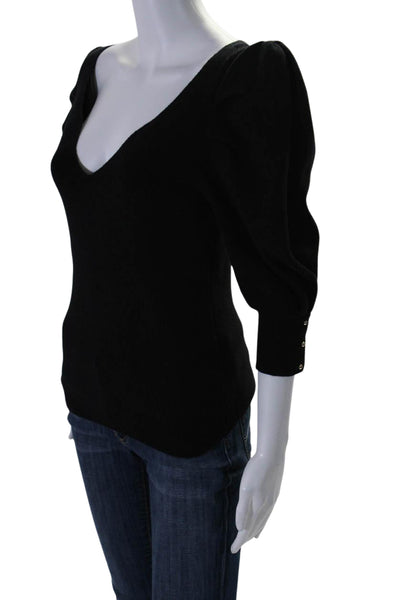 Ba&Sh Womens Cotton V Neck Puff Sleeve Ribbed Knit Blouse Black Size S