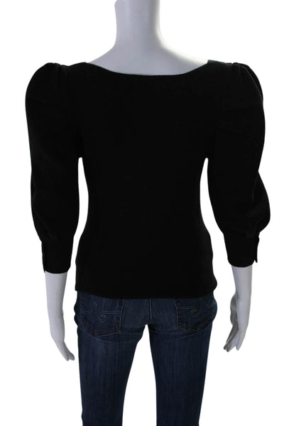 Ba&Sh Womens Cotton V Neck Puff Sleeve Ribbed Knit Blouse Black Size S