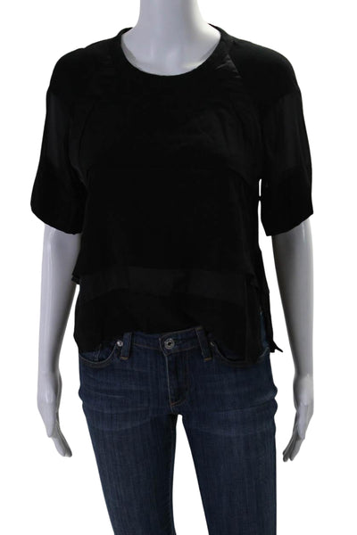 IRO Womens Short Sleeve Sheer Panel Ruffle Blouse Black Size 34