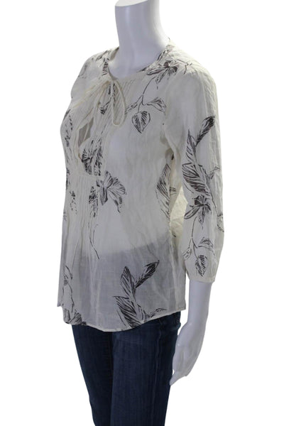 Theory Women's Round Neck Long Sleeves Pintuck Floral Blouse Size S