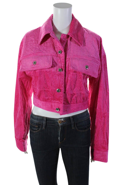 L'Academie Womens Cropped Velvet Corduroy Button Down Jacket Pink Size XS