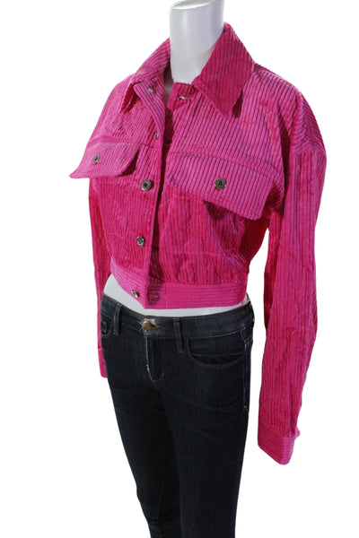 L'Academie Womens Cropped Velvet Corduroy Button Down Jacket Pink Size XS