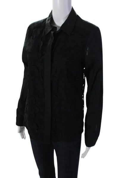 Sea New York Womens Button Front Collared Mixed Media Shirt Black Cotton Size 6