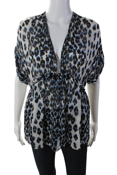 Roberto Cavalli Womens V Neck Leopard Print Silk Top White Black Blue Size IT 40