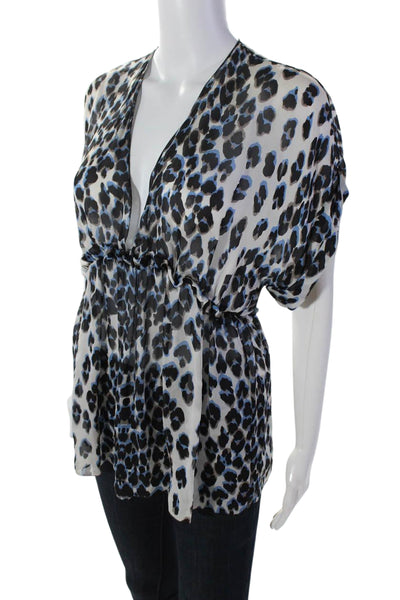 Roberto Cavalli Womens V Neck Leopard Print Silk Top White Black Blue Size IT 40