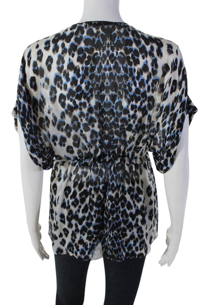 Roberto Cavalli Womens V Neck Leopard Print Silk Top White Black Blue Size IT 40