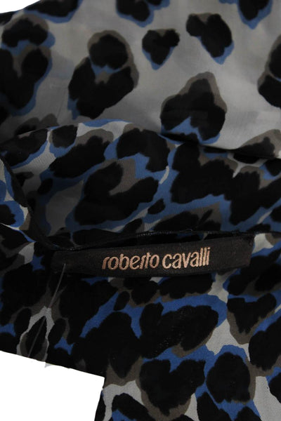 Roberto Cavalli Womens V Neck Leopard Print Silk Top White Black Blue Size IT 40