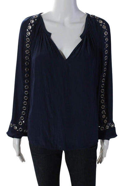 Ramy Brook Womens Long Sleeve V Neck Grommet Embroidered Top Navy Size Small