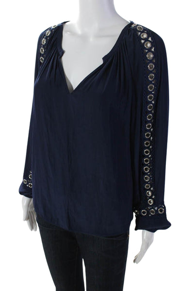 Ramy Brook Womens Long Sleeve V Neck Grommet Embroidered Top Navy Size Small