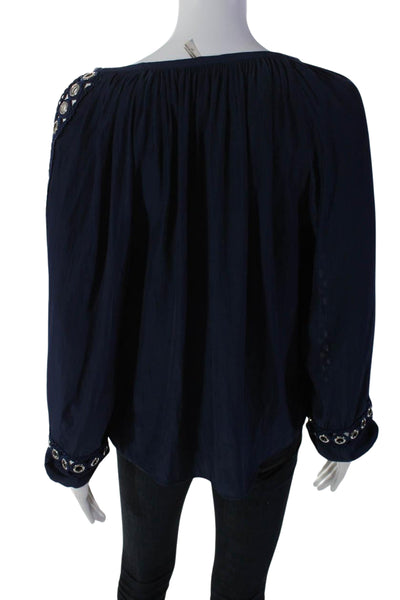 Ramy Brook Womens Long Sleeve V Neck Grommet Embroidered Top Navy Size Small